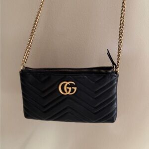 Gucci GG Marmont Black Chevron Crossbody Bag with Gold Chain
